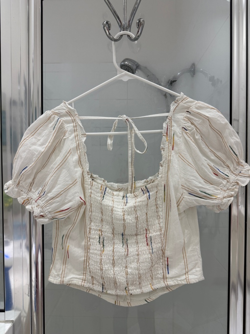 🌈▫️ Free People Cream Seratonin Corset Smocked Square-Neck Top Multi-Stripe ▫️🌈 - Picture 8 of 9